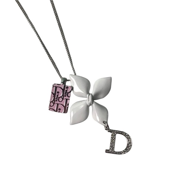 DIOR RARE NECKLACE VTG WHITE FLOWER TROTTER 2 PENDENT SET